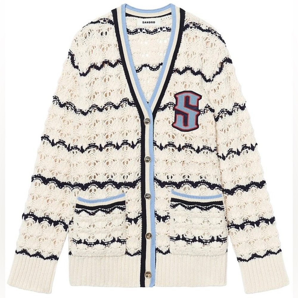 Sandro Ludvik Crocheted Logo Patch Women’s Cardigan Sweater size Large - Picture 2 of 15